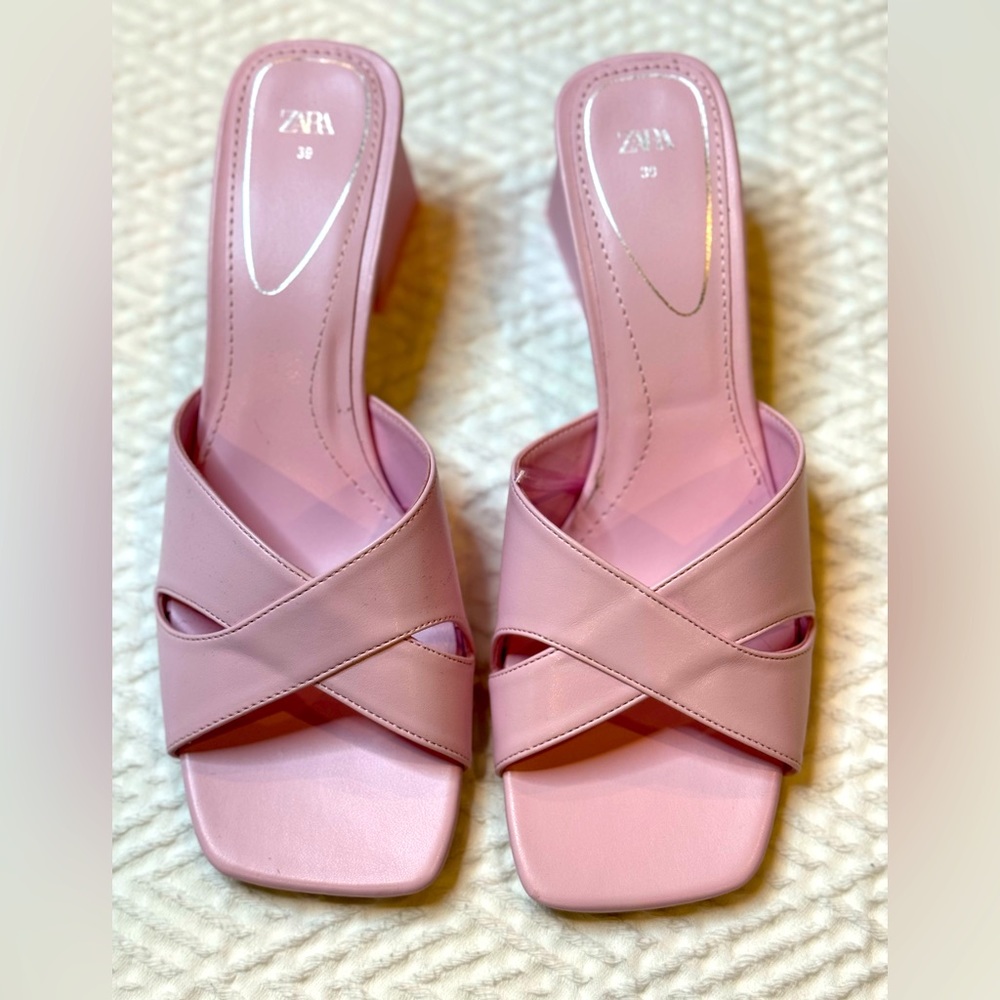 Zara Pink Mid Block Heel Sandals Size 39 3328/910/050 3033